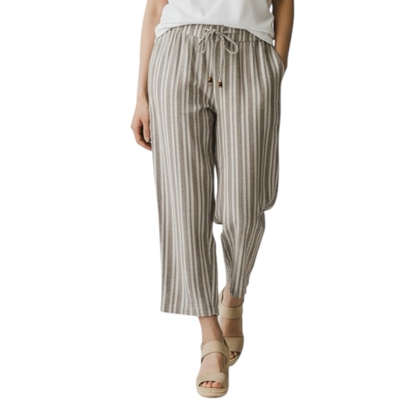 Land N Sea Pants - LAND n SEA Linen Blend Striped Tan/White Wide Leg Pants Size XL -- COASTAL VIBES